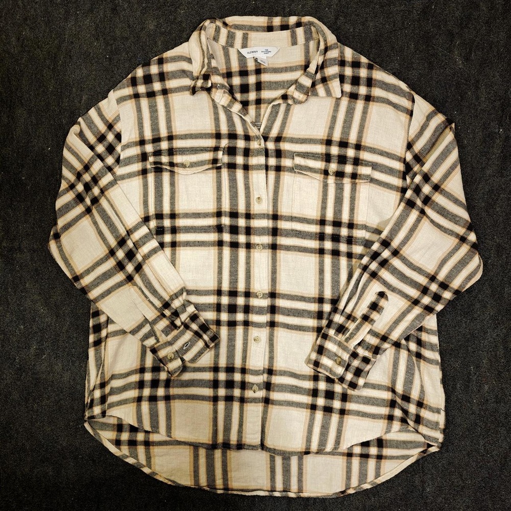 Old Navy The Boyfriend Shirt Womens Large Cream Black Plaid Flannel Button Up